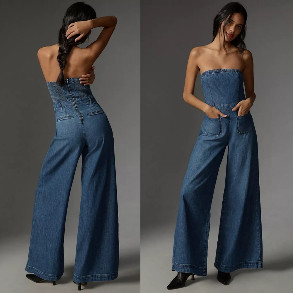 Anthropologie the skipper strapless wide-leg denim jumpsuit by Pilcro